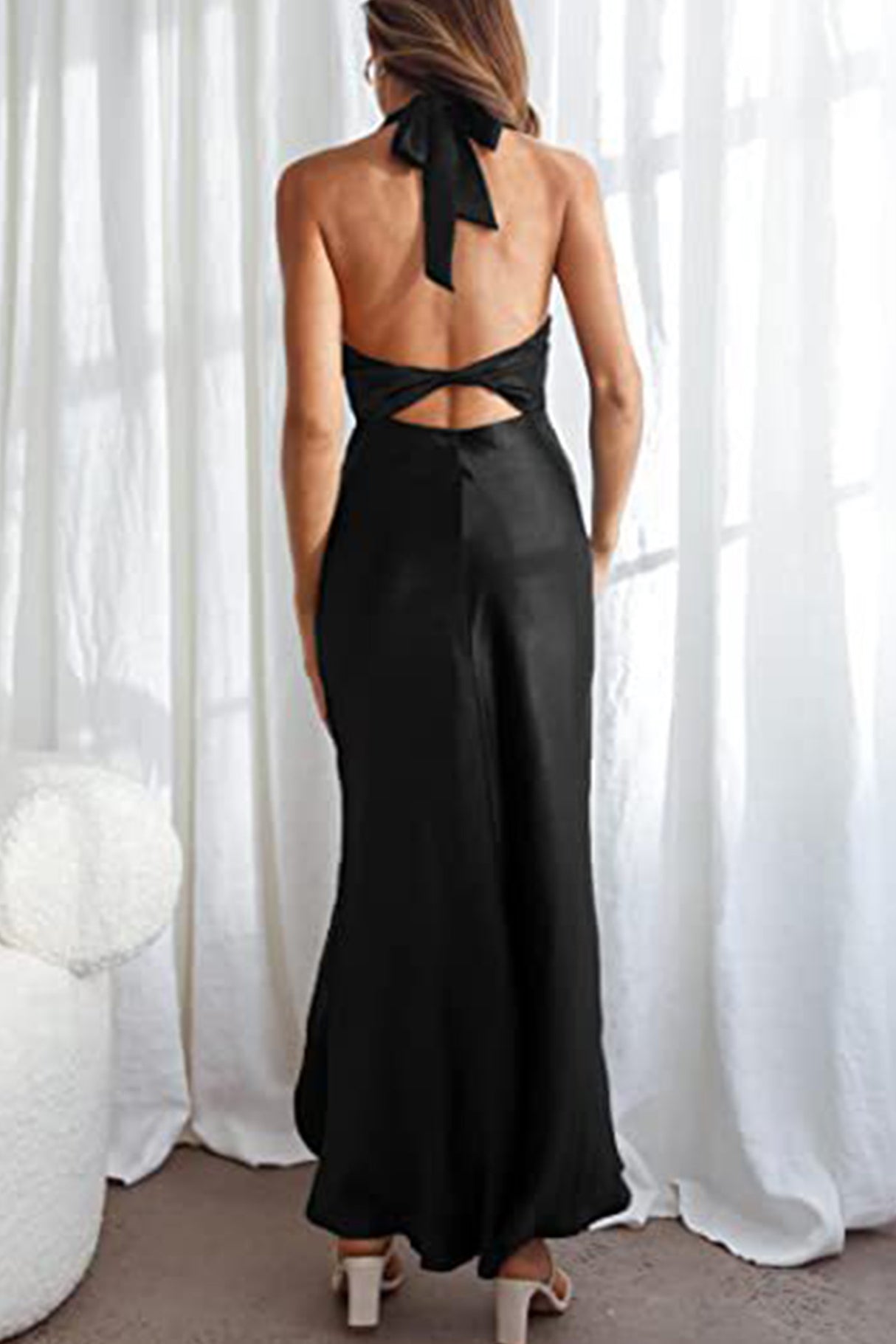 Arolora Satin Halter Backless Slit Dress