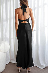 Arolora Satin Halter Backless Slit Dress