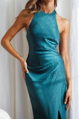 Arolora Satin Halter Backless Slit Dress