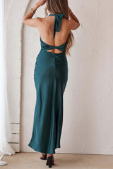Arolora Satin Halter Backless Slit Dress