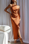 Arolora Satin Halter Backless Slit Dress