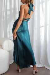 Arolora Satin Halter Backless Slit Dress