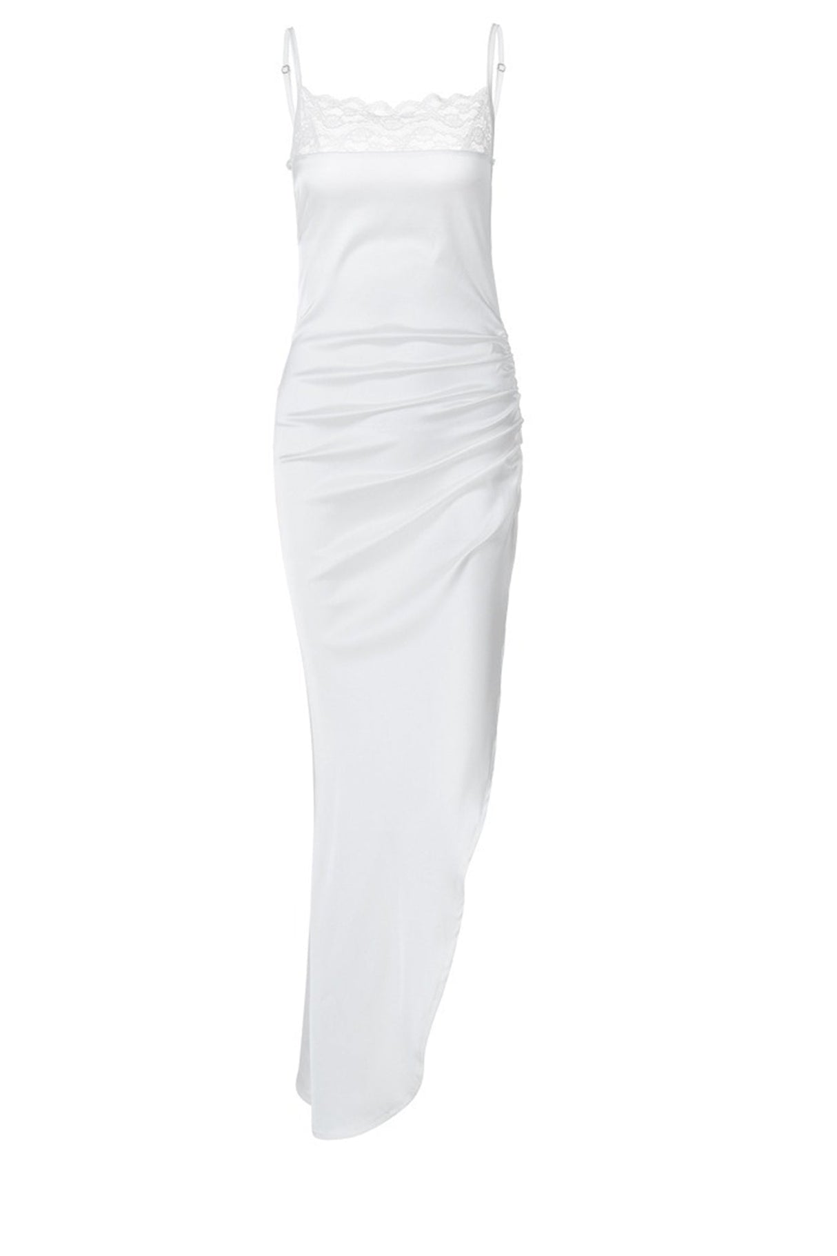 Arolora Satin Lace Chest Wrap Ruched Slit Cami Dress