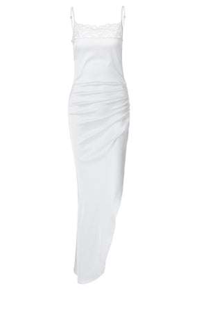 Arolora Satin Lace Chest Wrap Ruched Slit Cami Dress