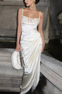 Arolora Satin Lace Chest Wrap Ruched Slit Cami Dress