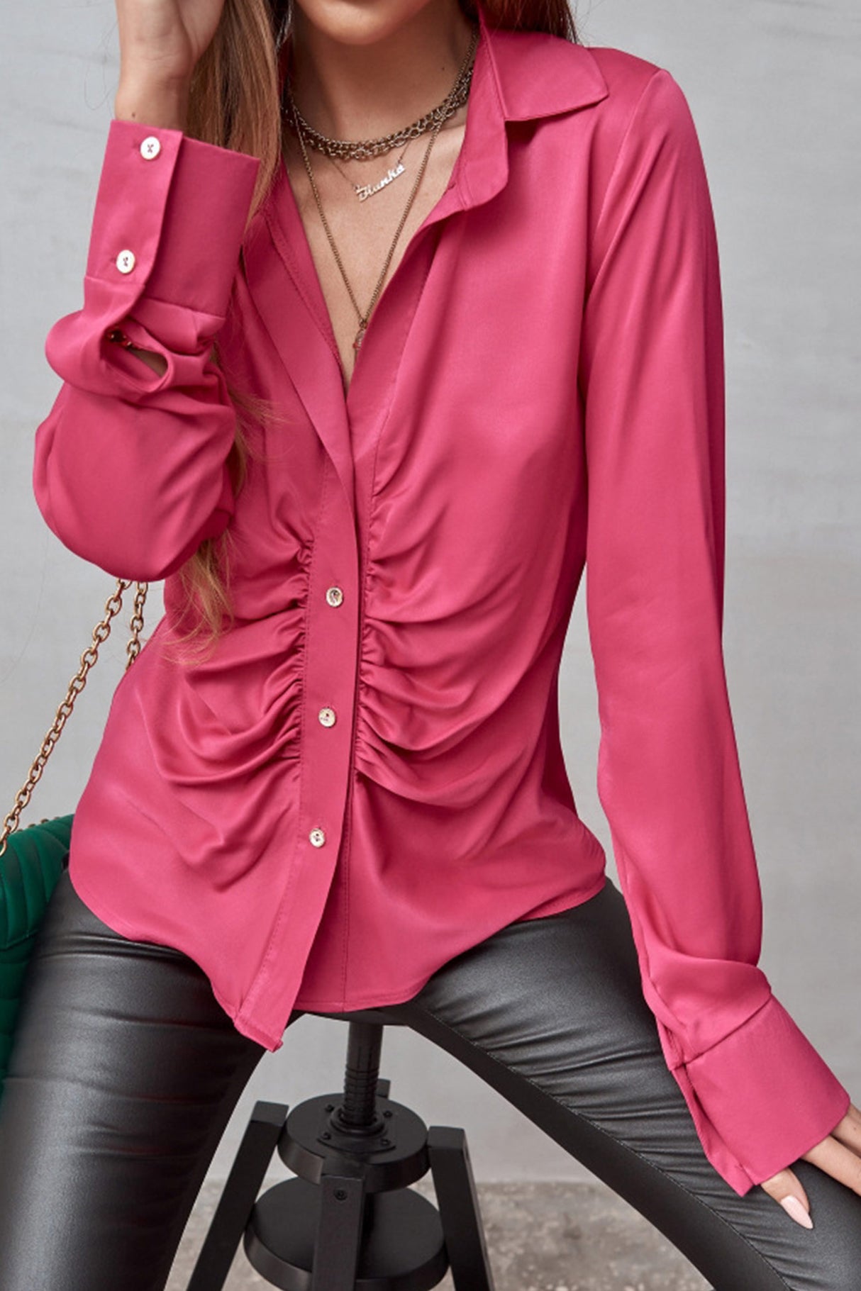 Satin Ruched Single-breasted Blouse