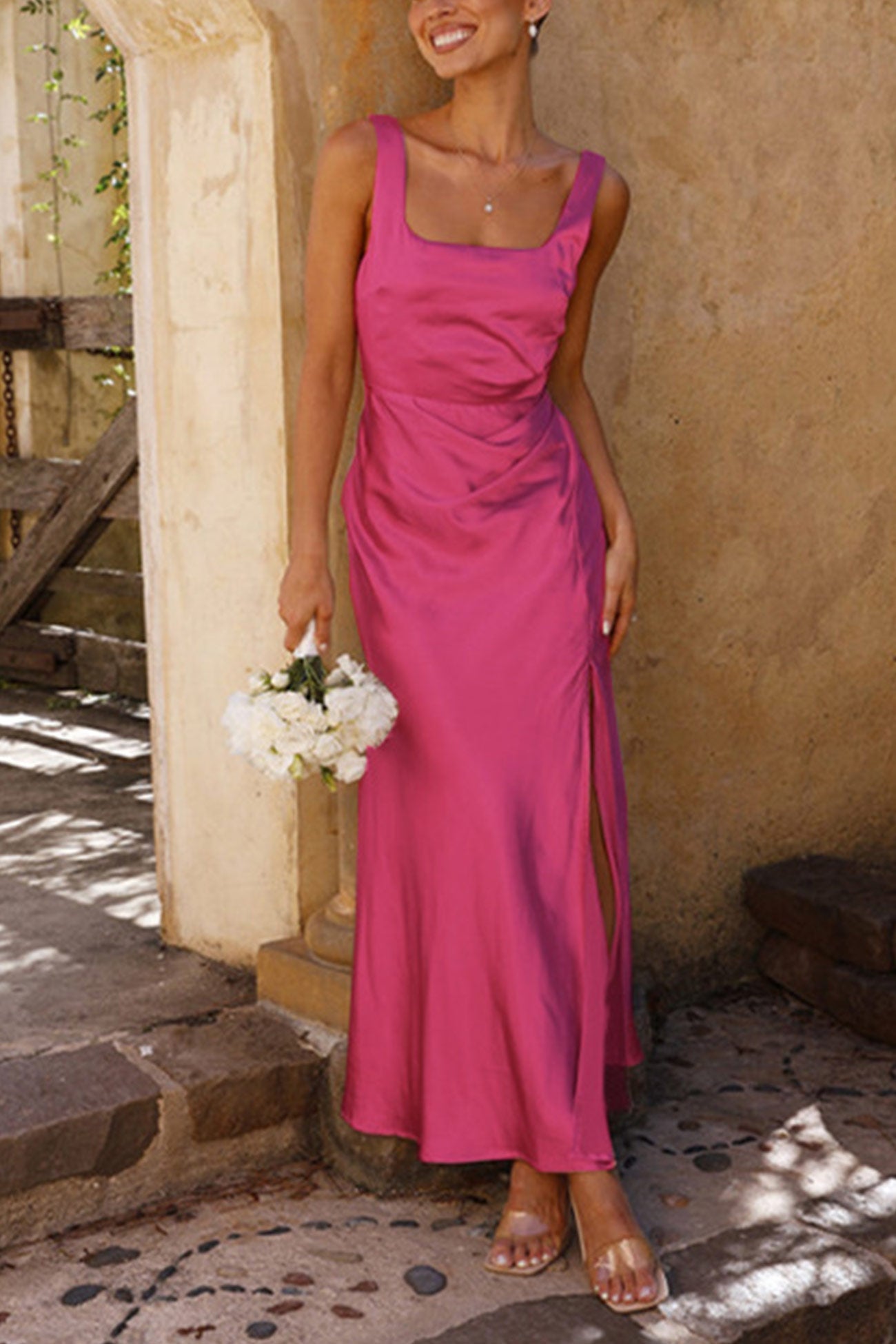 Arolora Satin Square Neck Slit Maxi Dress