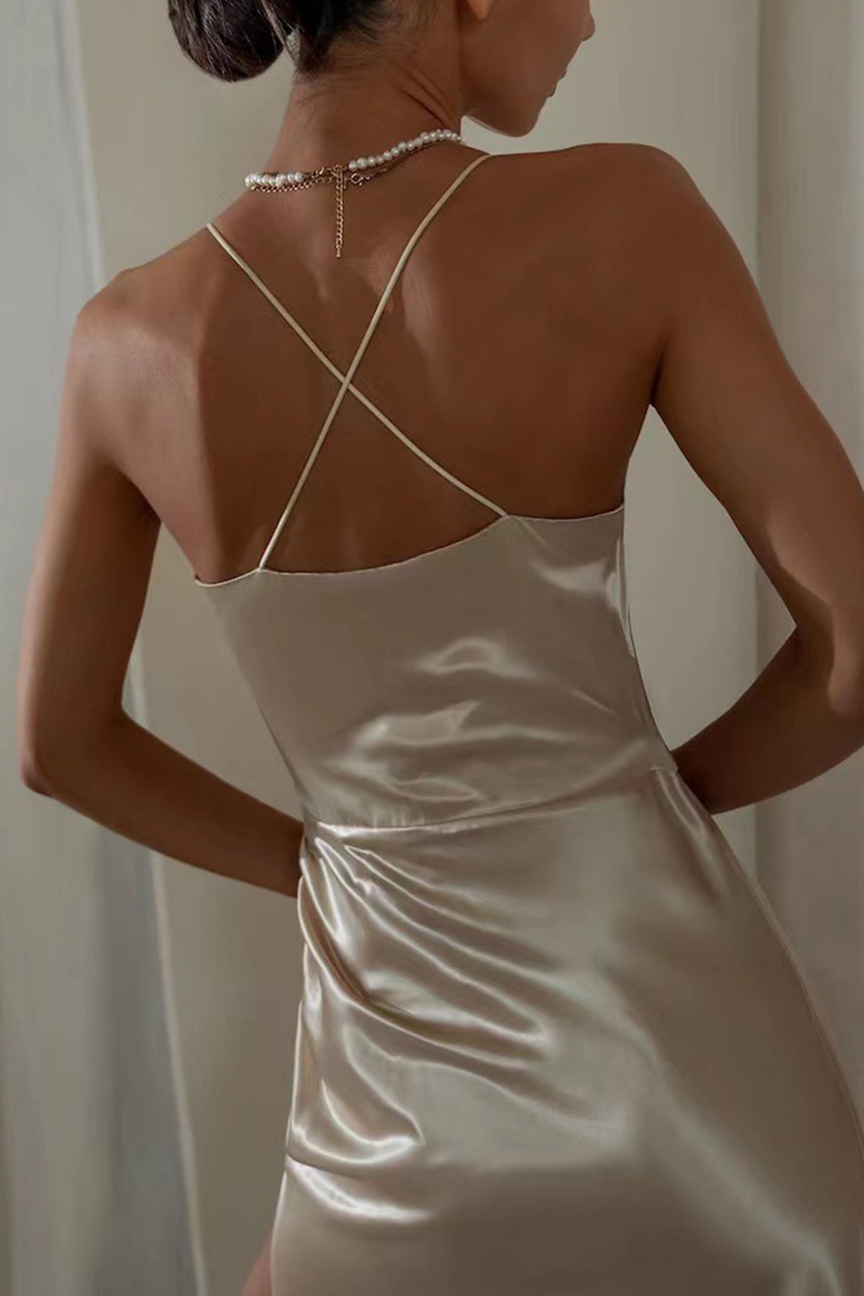 Arolora Satin V Neck Backless Cami Dress