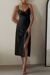Arolora Satin V Neck Backless Cami Dress
