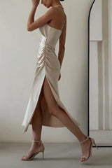 Arolora Satin V Neck Backless Cami Dress