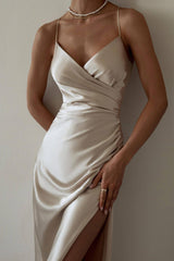 Arolora Satin V Neck Backless Cami Dress