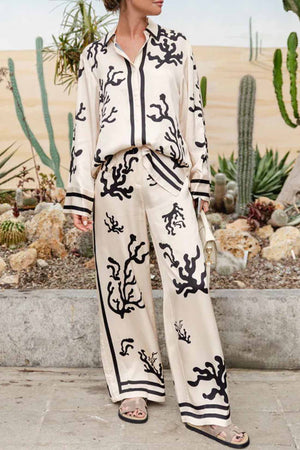 Satin Contrast Printed Button Long Pants Set