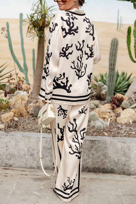 Satin Contrast Printed Button Long Pants Set