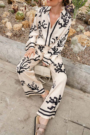 Satin Contrast Printed Button Long Pants Set