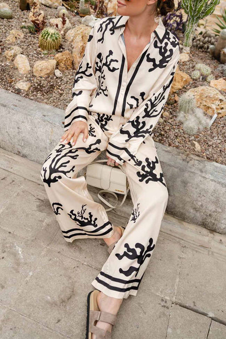Satin Contrast Printed Button Long Pants Set