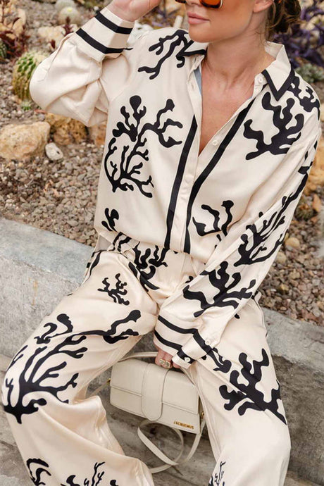 Satin Contrast Printed Button Long Pants Set