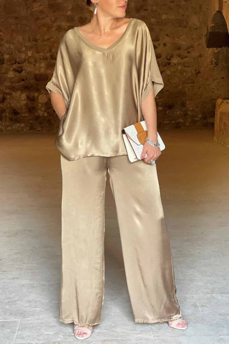 Satin V Neck Half Sleeve Long Pant Set
