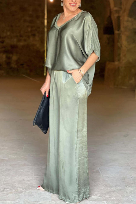 Satin V Neck Half Sleeve Long Pant Set