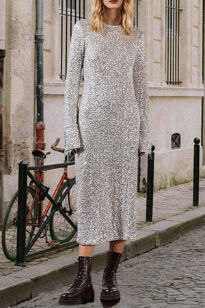 Arolora Sequin Long Sleeve Midi Dress