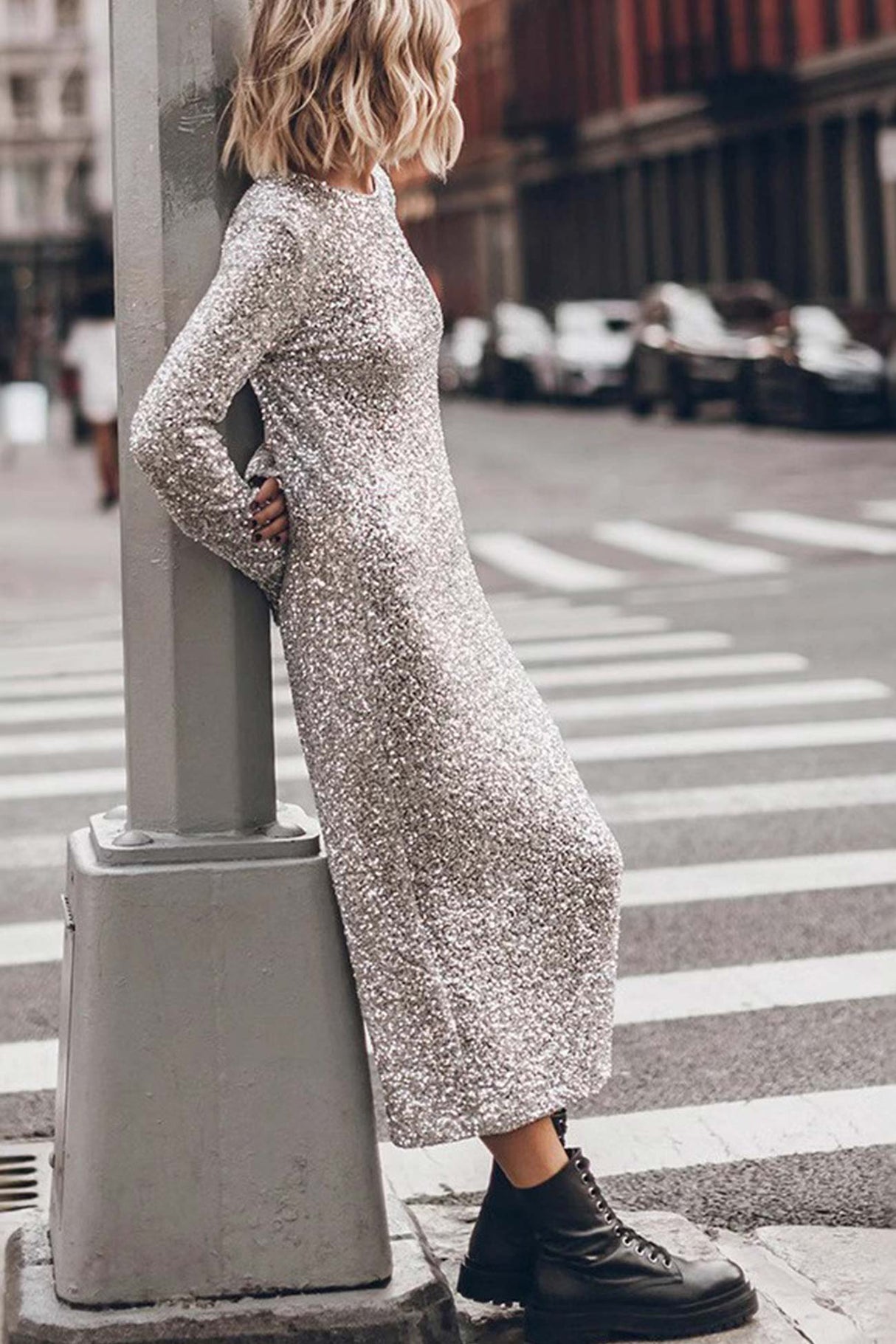 Arolora Sequin Long Sleeve Midi Dress