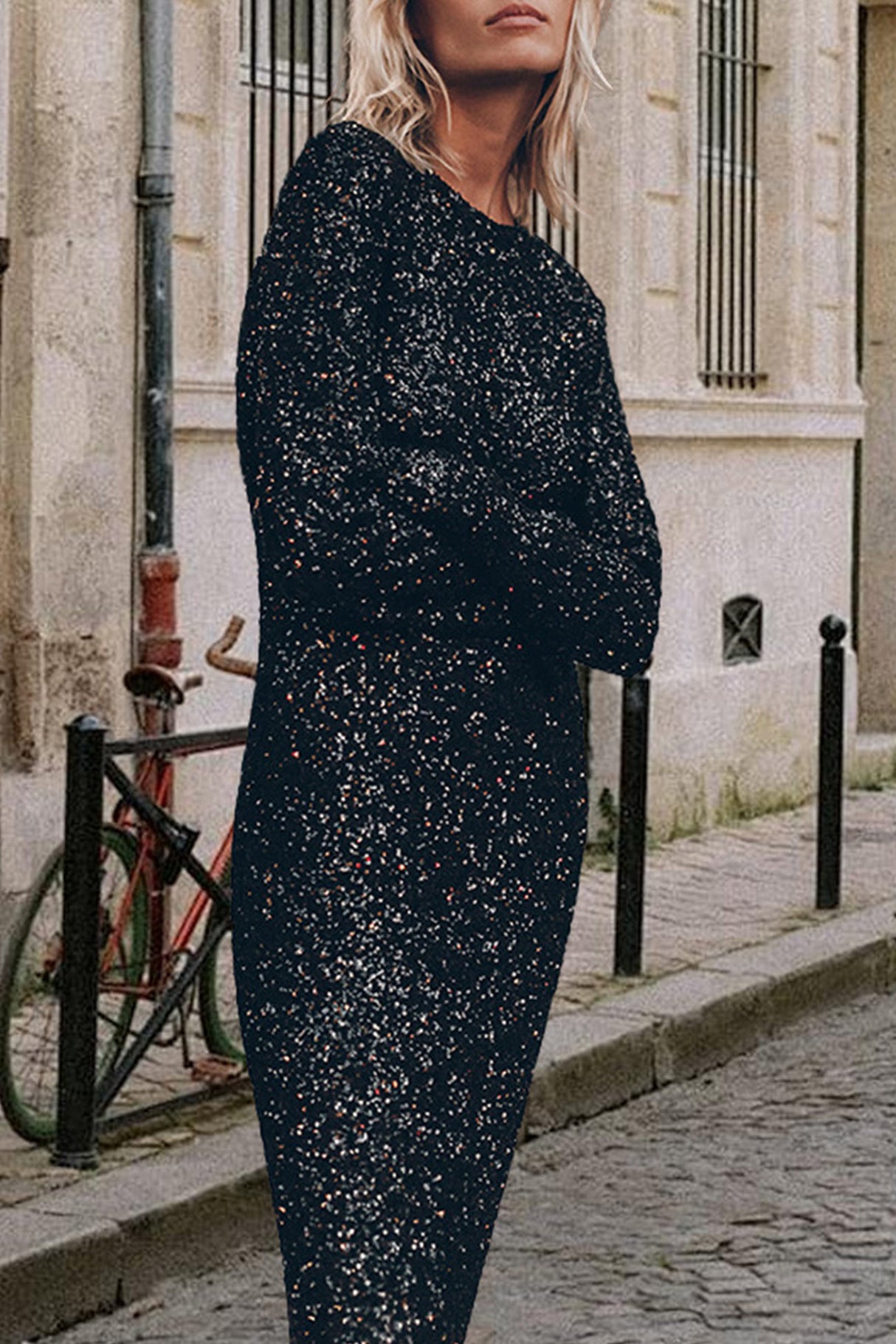 Arolora Sequin Long Sleeve Midi Dress