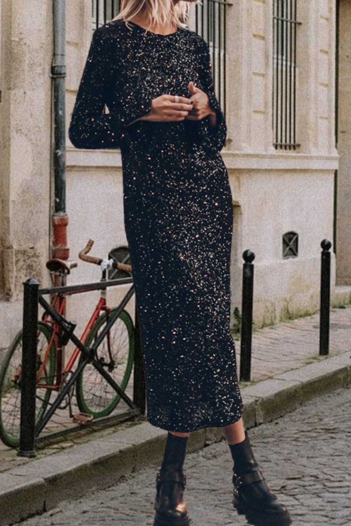 Arolora Sequin Long Sleeve Midi Dress