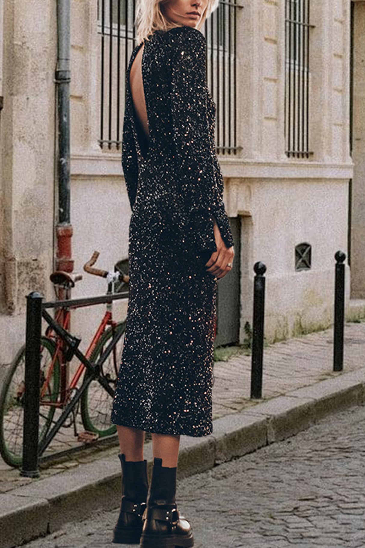Arolora Sequin Long Sleeve Midi Dress