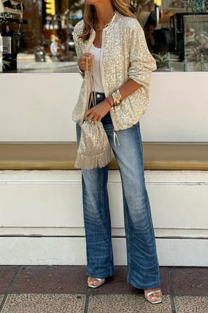 Sequin Long Sleeve Zip-up Coats