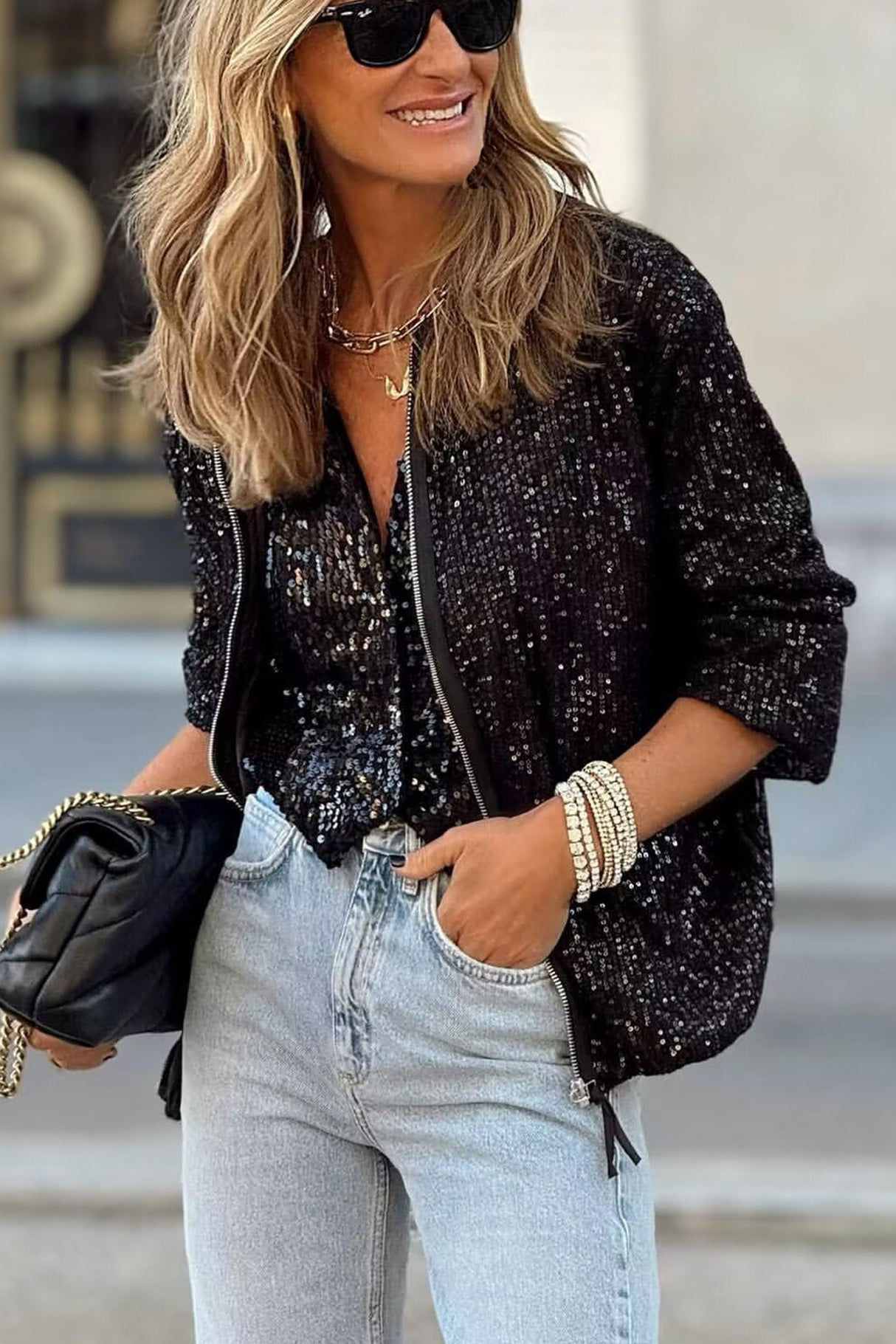 Sequin Long Sleeve Zip-up Coats