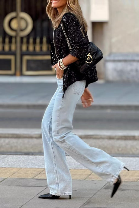 Sequin Long Sleeve Zip-up Coats