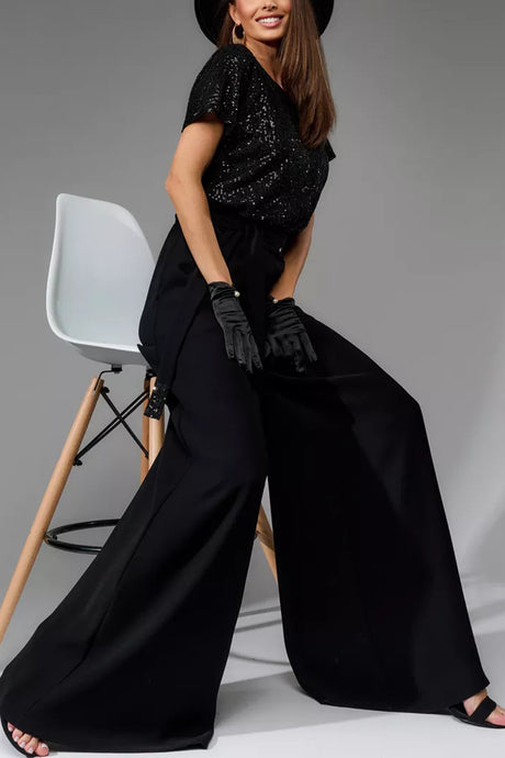 Arolora Sequin Patchwork Short Sleeve High Waist Jumpsuits