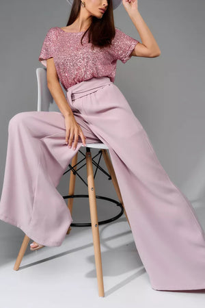 Arolora Sequin Patchwork Short Sleeve High Waist Jumpsuits