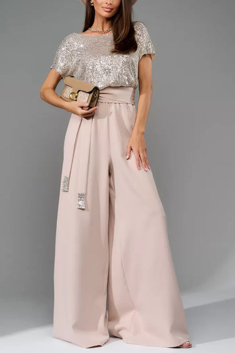 Arolora Sequin Patchwork Short Sleeve High Waist Jumpsuits