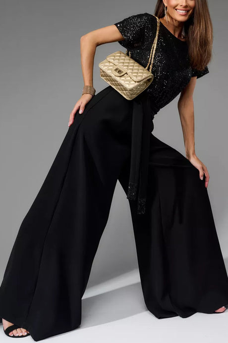 Arolora Sequin Patchwork Short Sleeve High Waist Jumpsuits