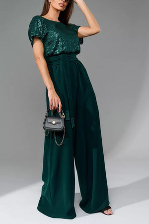 Arolora Sequin Patchwork Short Sleeve High Waist Jumpsuits
