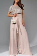 Arolora Sequin Patchwork Short Sleeve High Waist Jumpsuits