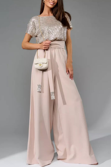 Arolora Sequin Patchwork Short Sleeve High Waist Jumpsuits