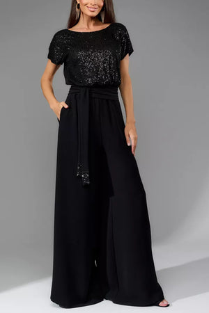 Arolora Sequin Patchwork Short Sleeve High Waist Jumpsuits