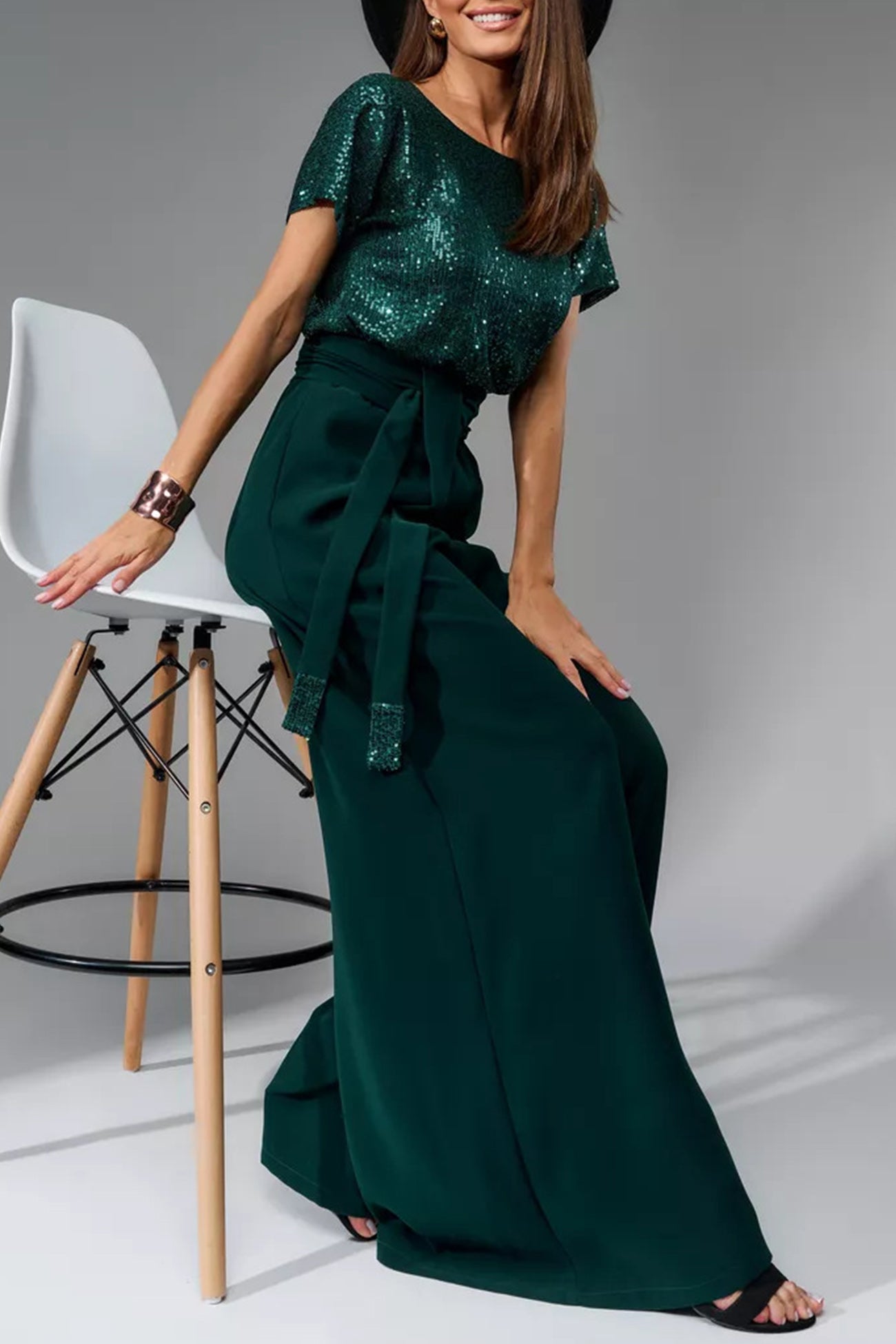 Arolora Sequin Patchwork Short Sleeve High Waist Jumpsuits