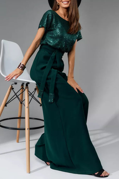 Arolora Sequin Patchwork Short Sleeve High Waist Jumpsuits