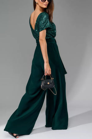 Arolora Sequin Patchwork Short Sleeve High Waist Jumpsuits