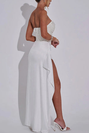 Arolora Sequin Patchwork Strapless Ruched Slit Dress