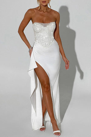 Arolora Sequin Patchwork Strapless Ruched Slit Dress