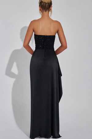 Arolora Sequin Patchwork Strapless Ruched Slit Dress