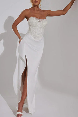 Arolora Sequin Patchwork Strapless Ruched Slit Dress