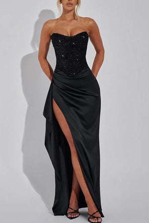 Arolora Sequin Patchwork Strapless Ruched Slit Dress