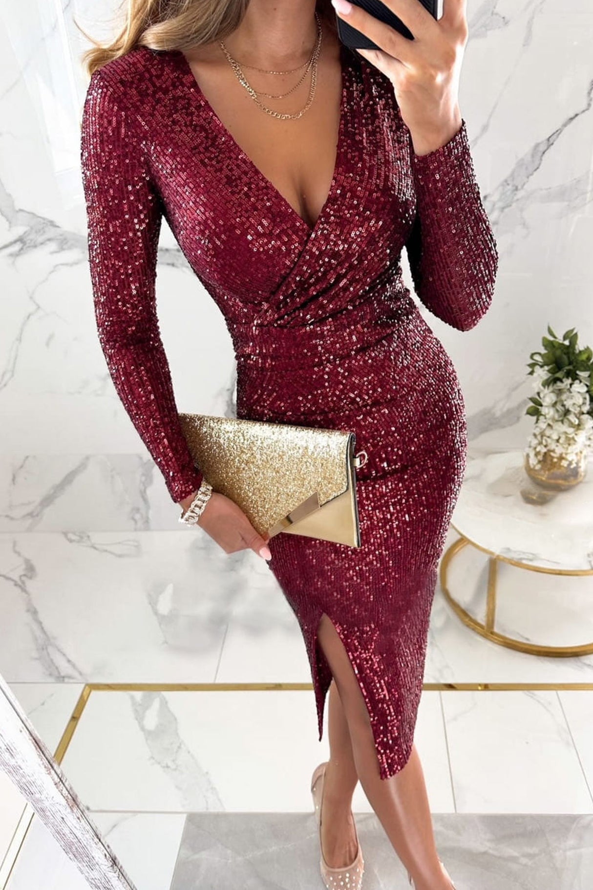 Arolora Sequin V Neck Long Sleeve Pack Hip Dress