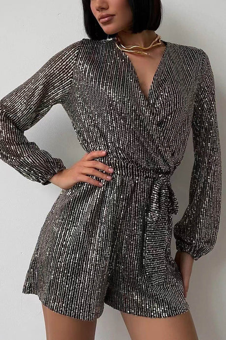 Arolora Sequin V Neck Tie-up Rompers