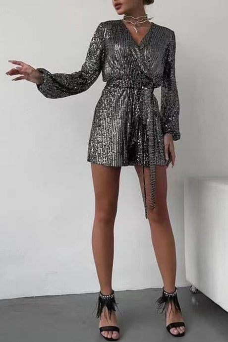 Arolora Sequin V Neck Tie-up Rompers