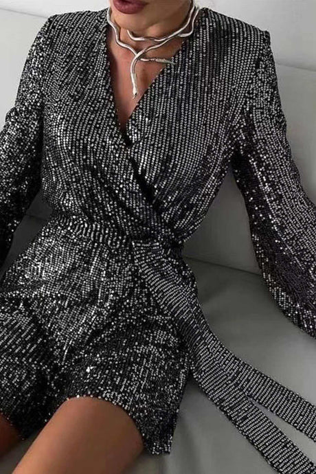 Arolora Sequin V Neck Tie-up Rompers